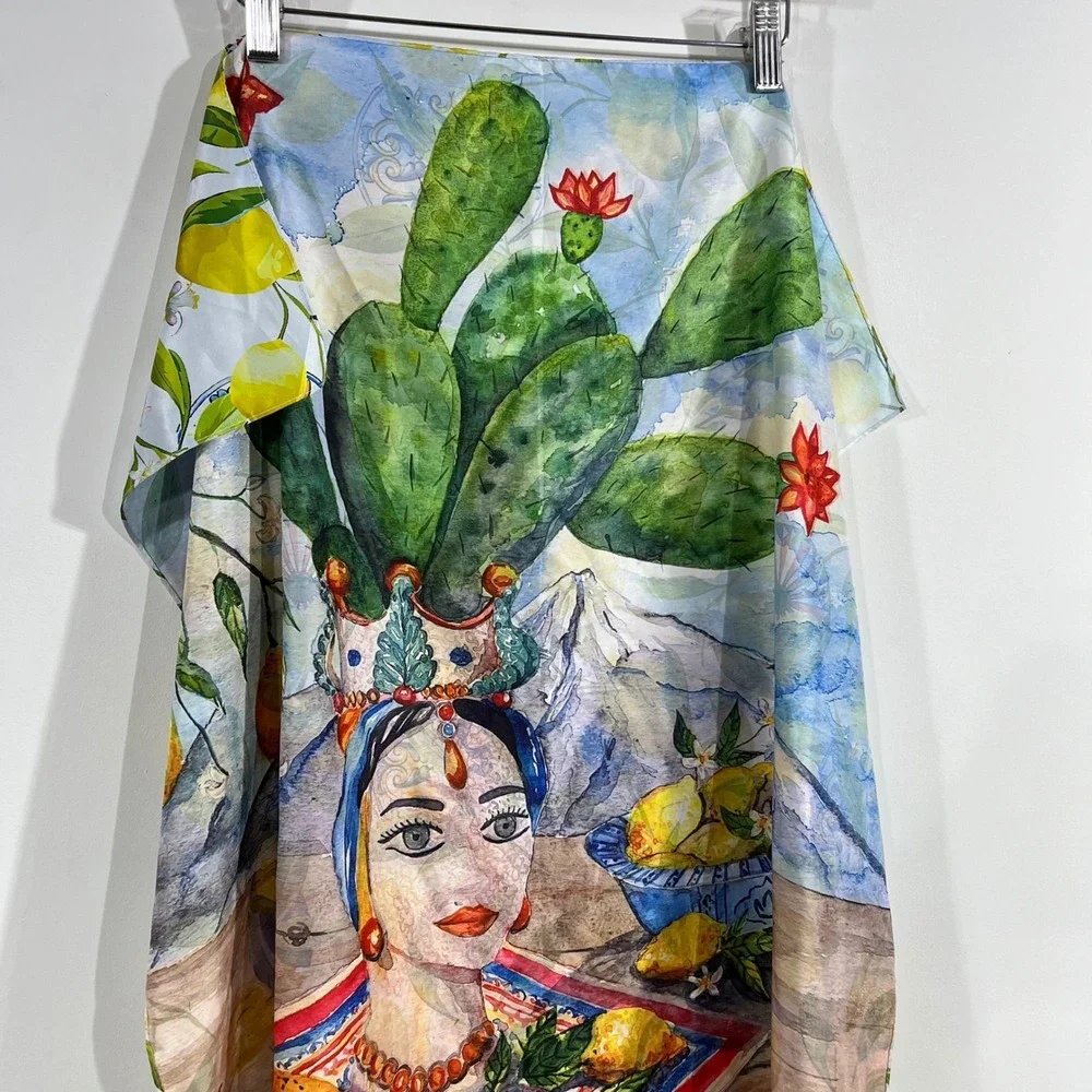 Mediterranean Lemon & Portrait Print Square Scarf Italian Style Watercolor Blue